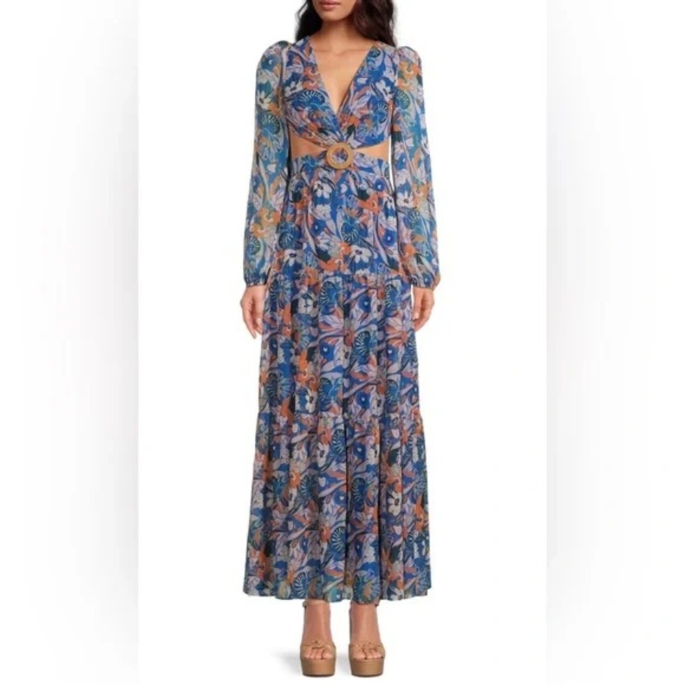 Gianni Bini Blue Plunge Neck Bishop Sleeve Gown